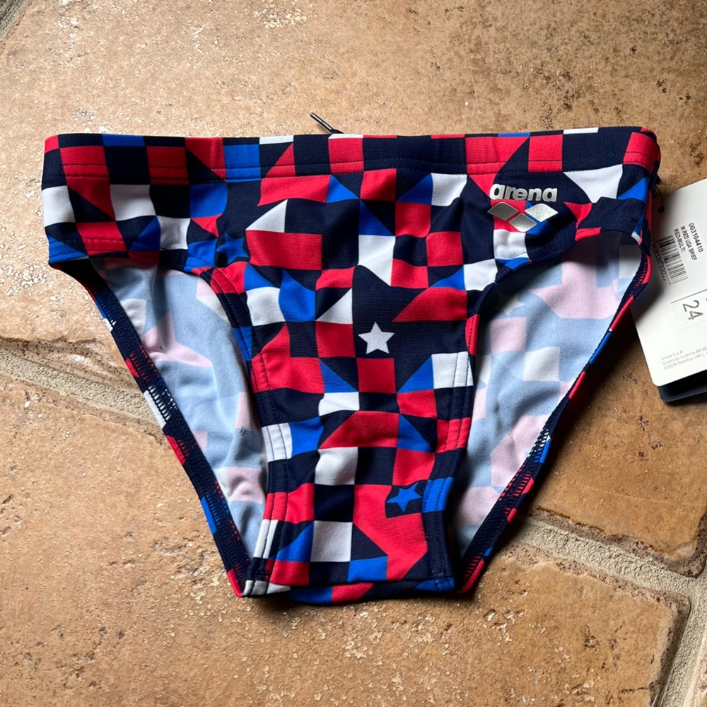 Arena USA boys brief.  Red-multi color